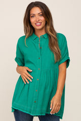 Green Button Up Contrast Stitch Short Sleeve Maternity Top