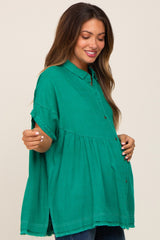 Green Button Up Contrast Stitch Short Sleeve Maternity Top