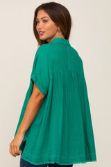 Green Button Up Contrast Stitch Short Sleeve Maternity Top