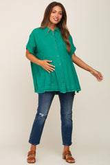 Green Button Up Contrast Stitch Short Sleeve Maternity Top