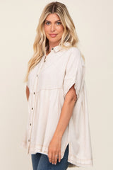 Cream Button Up Contrast Stitch Short Sleeve Top