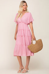 Pink Ruffle Tiered V-Neck Midi Dress