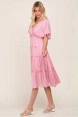 Pink Ruffle Tiered V-Neck Midi Dress