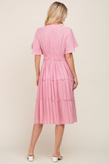 Pink Ruffle Tiered V-Neck Midi Dress