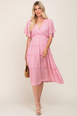 Pink Ruffle Tiered V-Neck Midi Dress