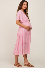 Pink Ruffle Tiered V-Neck Maternity Midi Dress