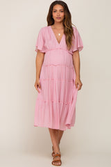 Pink Ruffle Tiered V-Neck Maternity Midi Dress