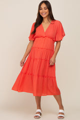 Coral Ruffle Tiered V-Neck Maternity Midi Dress