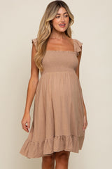 Mocha Linen Sleeveless Smocked Maternity Dress