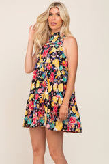 Black Floral Mock Neck Tiered Dress