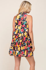 Black Floral Mock Neck Tiered Dress