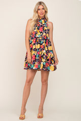 Black Floral Mock Neck Tiered Dress