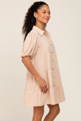 Taupe Collared Button Front Tiered Dress