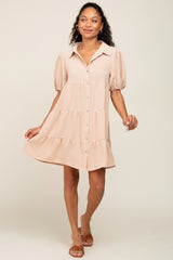 Taupe Collared Button Front Tiered Dress