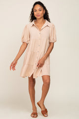 Taupe Collared Button Front Tiered Dress