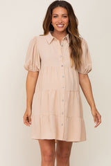 Taupe Collared Button Front Tiered Maternity Dress