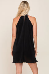 Black Pleated Plisse Halter Dress