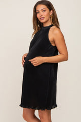 Black Pleated Plisse Halter Maternity Dress