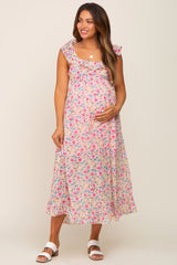 Pink Floral Chiffon Ruffle Neck Back Tie Maternity Midi Dress