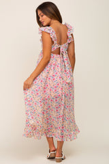 Pink Floral Chiffon Ruffle Neck Back Tie Maternity Midi Dress