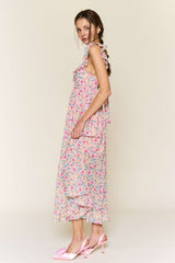 Pink Floral Chiffon Ruffle Neck Back Tie Midi Dress