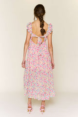 Pink Floral Chiffon Ruffle Neck Back Tie Midi Dress