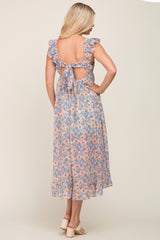 Light Blue Floral Chiffon Ruffle Neck Back Tie Midi Dress