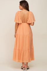 Peach Textured Stripe Deep V-Neck Layered Sleeve Maternity Maxi Dress