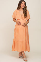 Peach Textured Stripe Deep V-Neck Layered Sleeve Maternity Maxi Dress