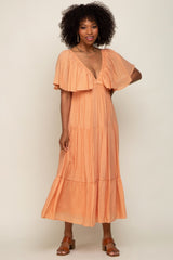 Peach Textured Stripe Deep V-Neck Layered Sleeve Maternity Maxi Dress