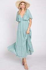 Mint Green Textured Stripe Deep V-Neck Layered Sleeve Maternity Maxi Dress