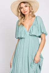 Mint Green Textured Stripe Deep V-Neck Layered Sleeve Maxi Dress