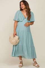 Mint Green Textured Stripe Deep V-Neck Layered Sleeve Maternity Maxi Dress