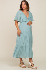 Mint Green Textured Stripe Deep V-Neck Layered Sleeve Maternity Maxi Dress