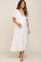 Ivory Textured Stripe Deep V-Neck Layered Sleeve Maternity Maxi Dress