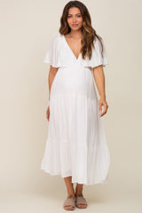 Ivory Textured Stripe Deep V-Neck Layered Sleeve Maternity Maxi Dress