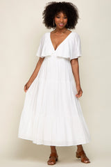 Ivory Textured Stripe Deep V-Neck Layered Sleeve Maxi Dress