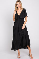 Black Textured Stripe Deep V-Neck Layered Sleeve Maxi Dress