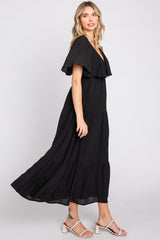 Black Textured Stripe Deep V-Neck Layered Sleeve Maxi Dress