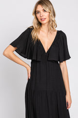 Black Textured Stripe Deep V-Neck Layered Sleeve Maxi Dress