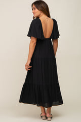 Black Textured Stripe Deep V-Neck Layered Sleeve Maternity Maxi Dress