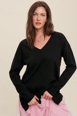 Black Oversized Knit Side Slit Maternity Top