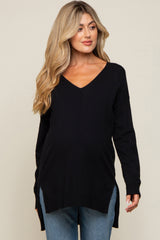 Black Oversized Knit Side Slit Maternity Top