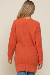 Orange Chunky Knit V-Neck Side Slit Long Maternity Sweater