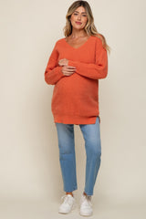 Orange Chunky Knit V-Neck Side Slit Long Maternity Sweater