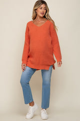 Orange Chunky Knit V-Neck Side Slit Long Maternity Sweater