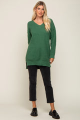 Forest Green Chunky Knit V-Neck Side Slit Long Sweater