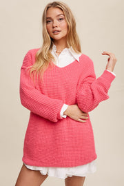 Fuchsia Chunky Knit V-Neck Side Slit Long Sweater