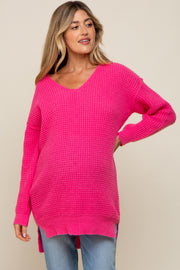 Fuchsia Chunky Knit V-Neck Side Slit Long Maternity Sweater