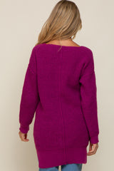 Magenta Chunky Knit V-Neck Side Slit Long Maternity Sweater